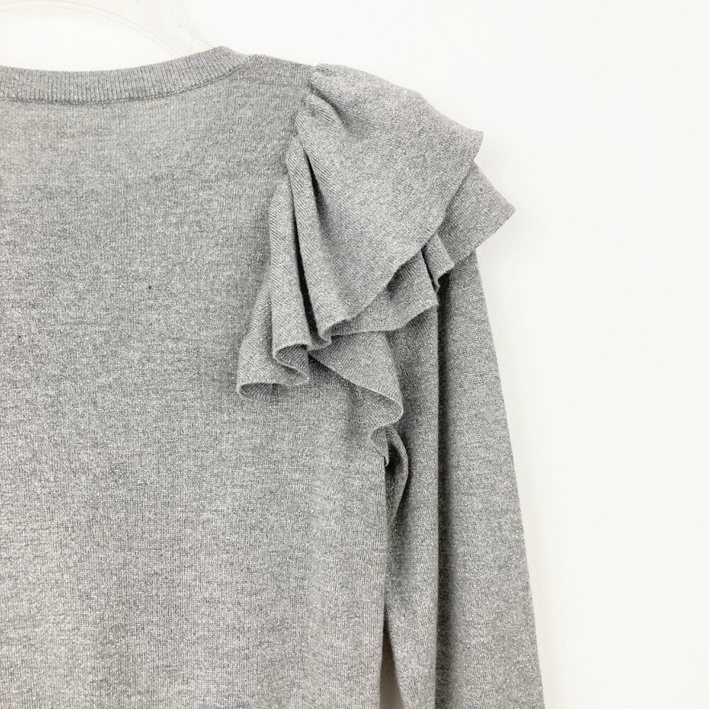 Veronica Beard Centre Ruffle Crewneck Metallic-knit Sweater Size S Gray Sparkle - Picture 8 of 10